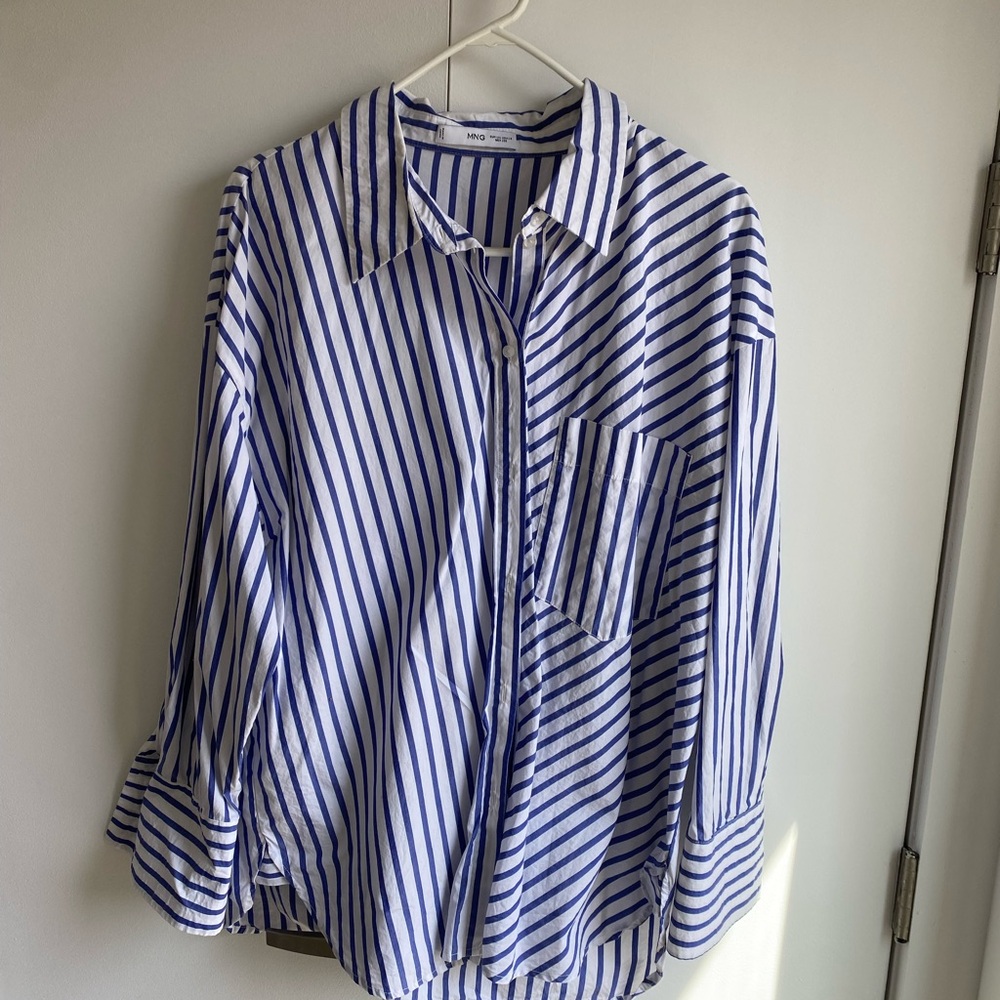 MANGO Blue Oversized Striped Men's Shirt